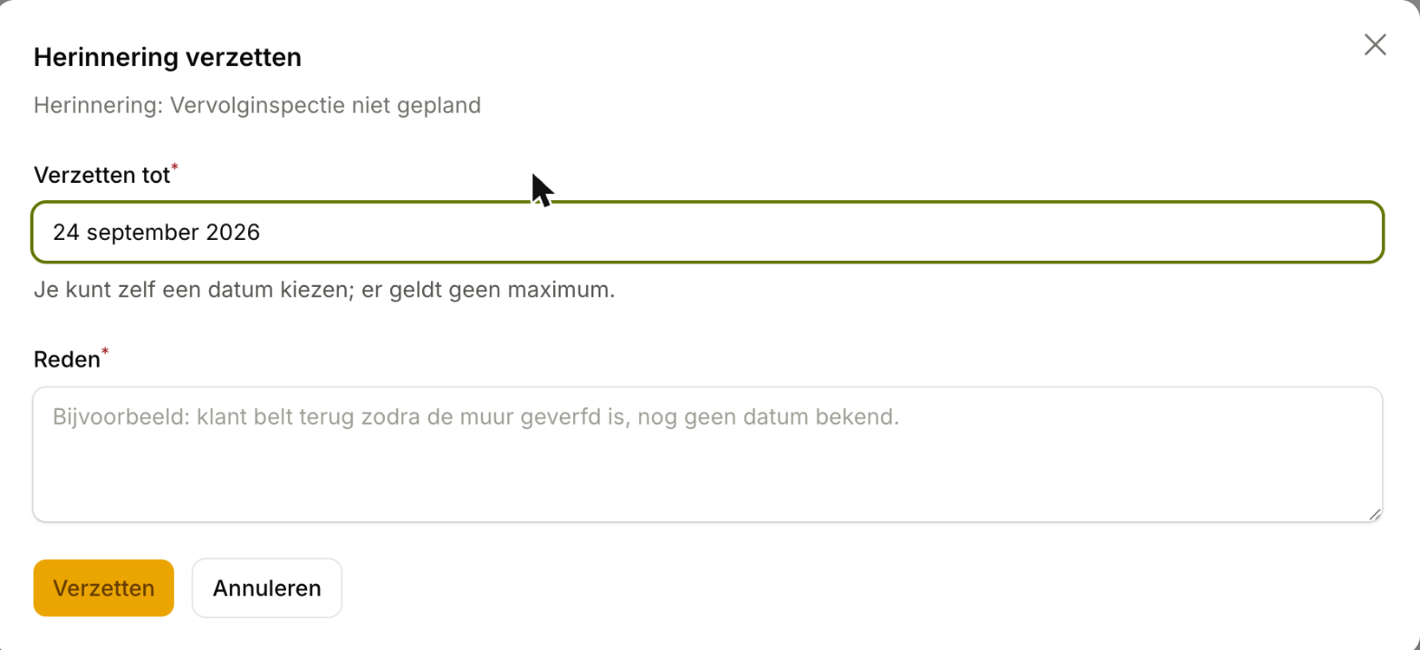 Modaal Herinnering verzetten met voorgevulde datum